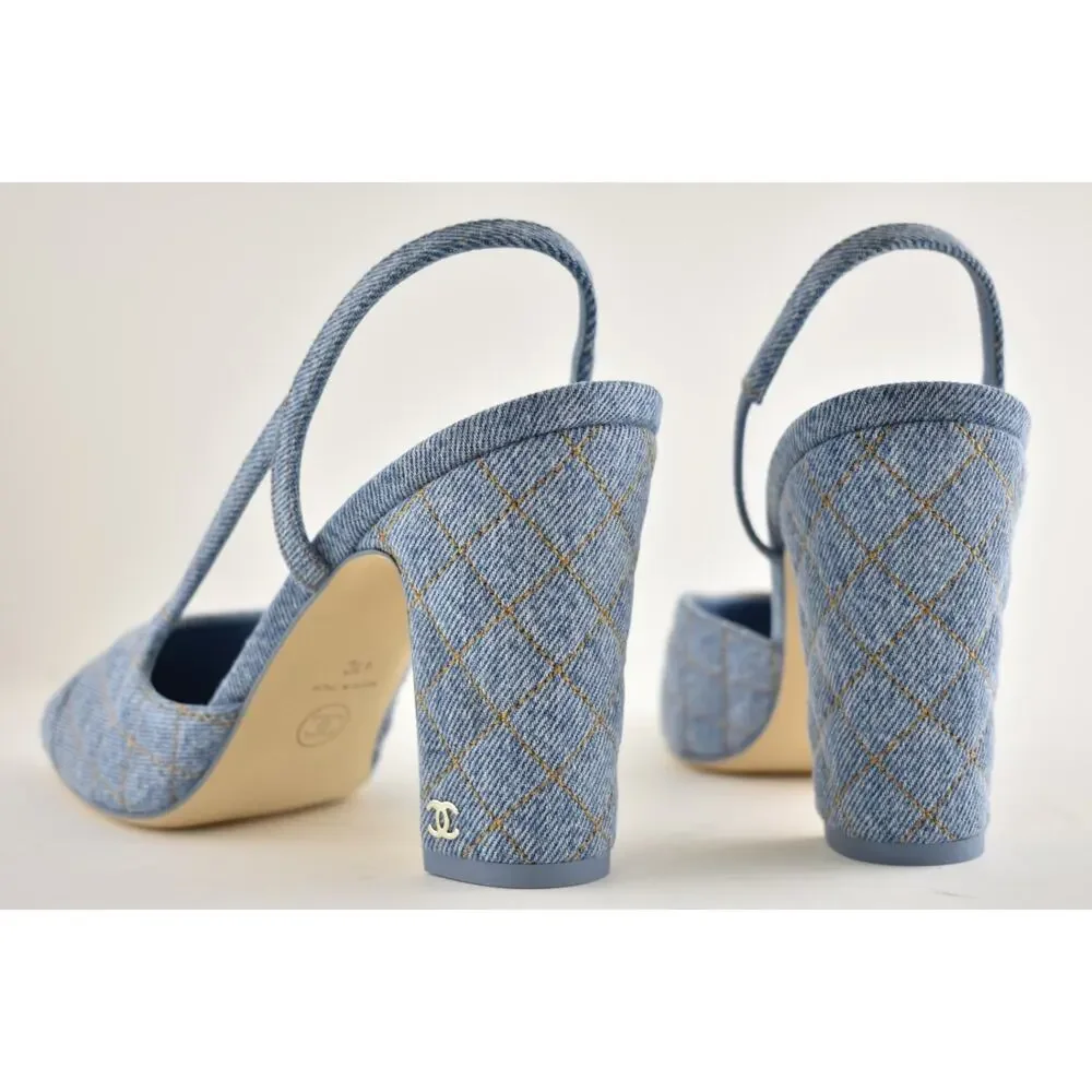Chanel 26B Light Blue Denim Quilted Coco Sling Slingback Block Heel Pump 38.5c